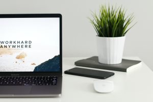 Photo of a laptop with the words: word hard anywhere. A plant is in the background