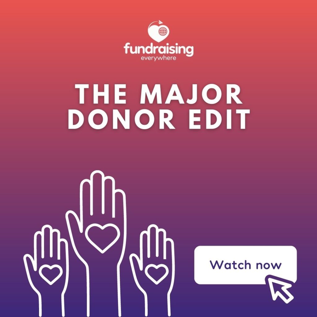 The major donor edit. Red/purple gradient background, white text.