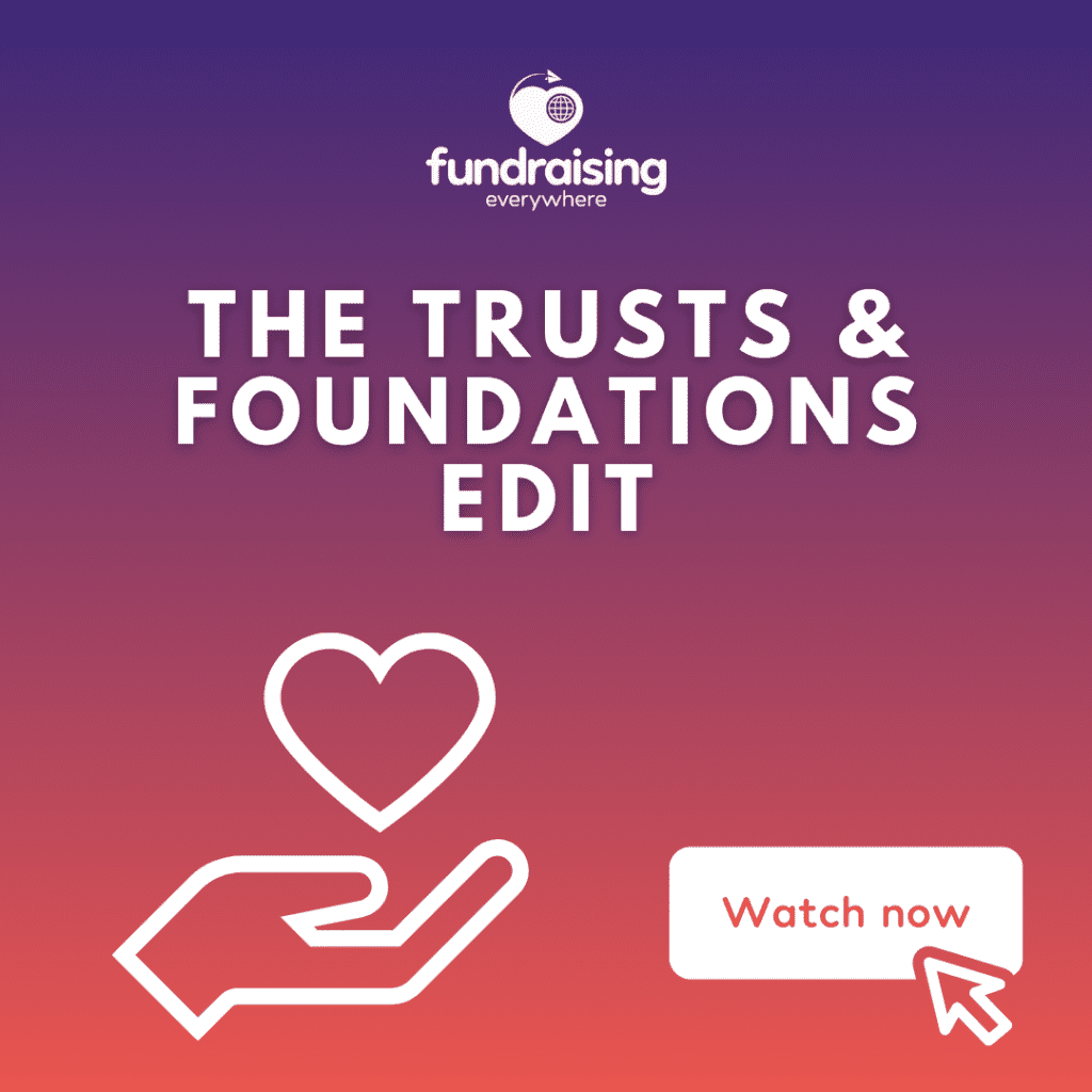 The Trusts and Foundation Edit, white text on gradient of purple to red background
